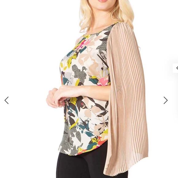 Ck Heaven floral with tan pleated open sleeve top size medium - Picture 3 of 16